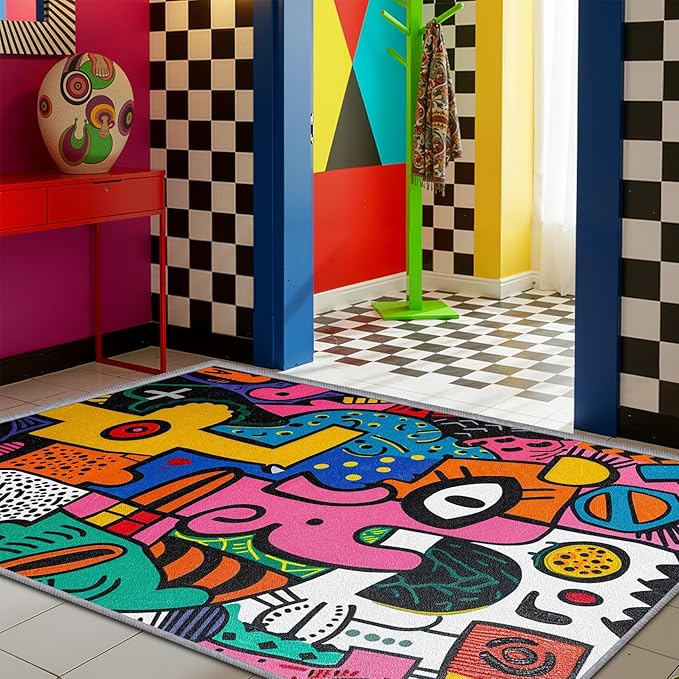Abstract Rug 5x7-5x6 Rug - Abstract Rug - Colorful Pop Art Area Rug - Modern Geometric Graffiti Rugs - Multicolor Artistic Carpet - Home Decor