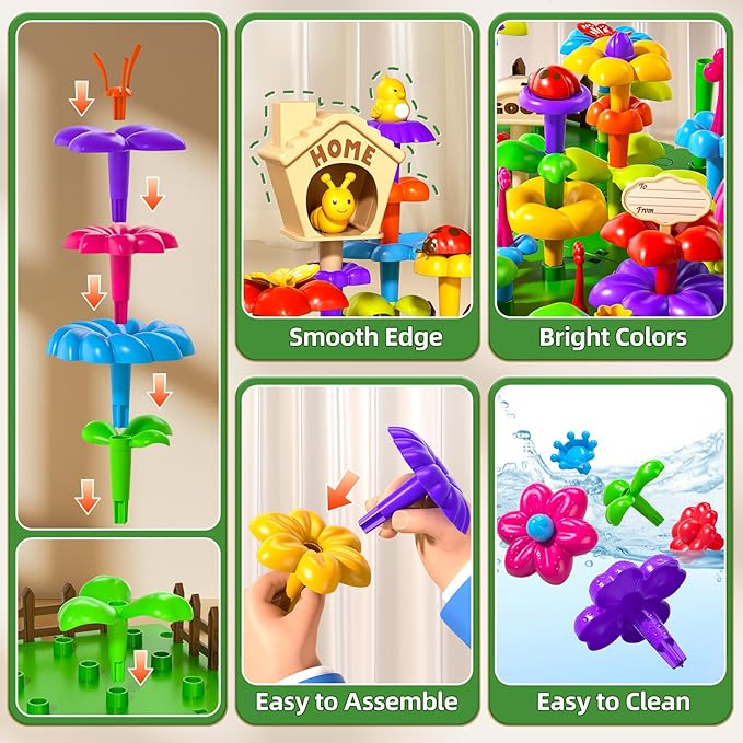 112 Pcs Flower Garden Toy,Toddler Girl Toys 3-4 Years Old Girls Gardening Building Gifts Set Best Educational Learning Fine DIY Crafts Stem Construction Stacking Kit,for 3 4 5 6 7 Year Kids Birthday