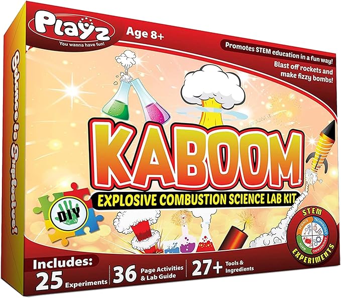Playz Kaboom! 50+ Explosive Science Experiments Kit for Kids Age 8-12 with 25 Playz Lab Token Experiments - Chemistry Set STEM Learning & Educational Toys & Gifts for Boys, Girls, Teenagers & Kids
