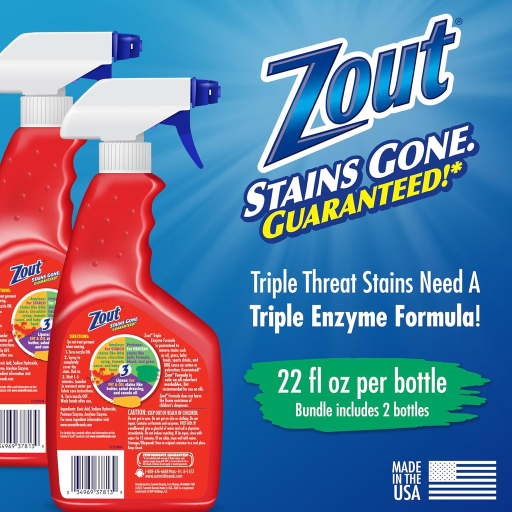 Zout Laundry Stain Remover Spray, Triple Enzyme Formula Removes the Toughest Stains, Made in the USA, 22 Ounce Bottles, 2-Pack