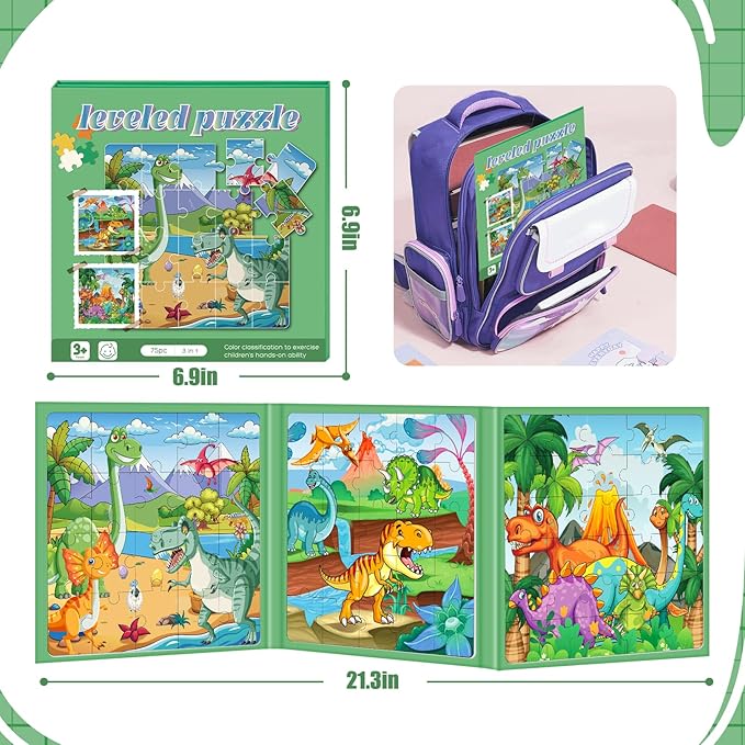 Magnetic Puzzles for Toddlers 3-5 , 75-Pieces Travel Toys , Dinosaur Puzzles Ages 4-6, Educational Learning Magnets, Road Car Trip & Airplane Activities Toys for 3 4 5 6 7 Girls Boys Gift