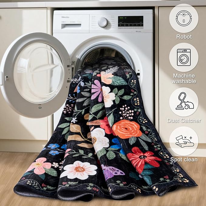 8x10 Area Rugs for Living Room: Washable Rug Vintage Large Soft Boho Floral Non-Slip Carpet Indoor Floor Stain Resistant Thin Carpets for Bedroom Dining Room Farmhouse Nursery Home Office Black