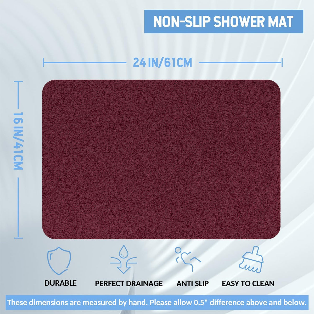 Non-Slip Bathtub Mat, Anti Slip Shower Mat, Fast Drying Bathtub Mats, Foot Scrubber Mat, Anti Slip Mat for Tub, Floor, Bathroom, Kitchen, Home, Hotel (Wine Red 24"×16")