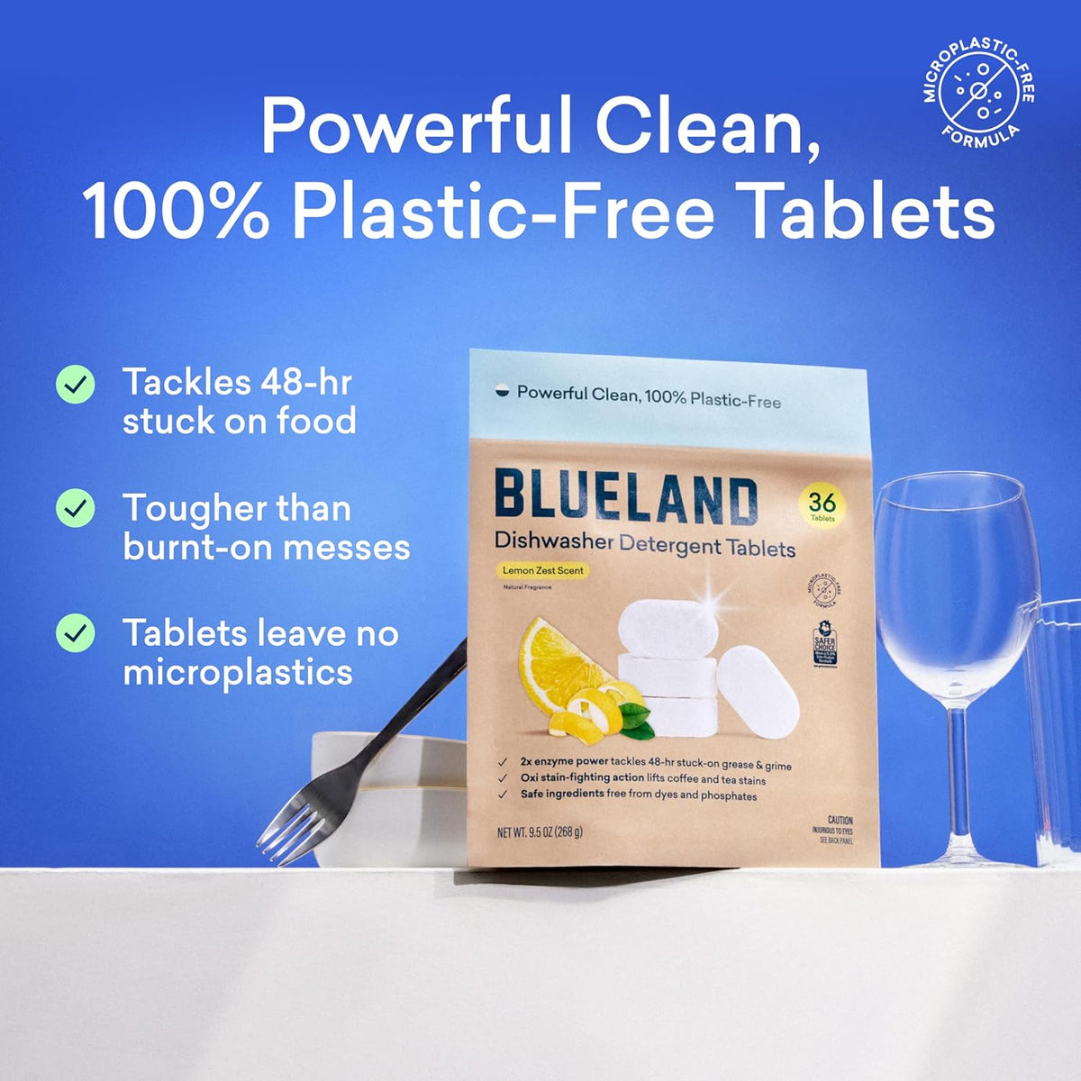BLUELAND 100% Plastic-Free Dishwasher Detergent Tablets, 36 Count, Lemon Zest Scent, Eco Friendly Dishwashing Pods, Natural, USDA Certified biobased