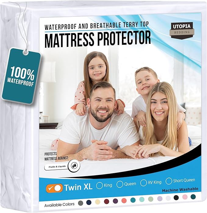 Utopia Bedding Waterproof Mattress Protector Twin XL Size, Premium Terry Mattress Cover 200 GSM, Breathable, Fitted Style with Stretchable Pockets (White)