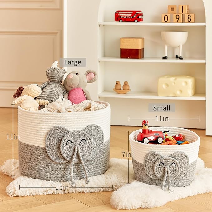 Adorable Small Elephant Cotton Rope Basket - Gift Empty Baskets - Toy Storage Basket, Woven Basket for Baby Essentials, Decorative Woven Basket for Nurseries and Playrooms (11"x7")