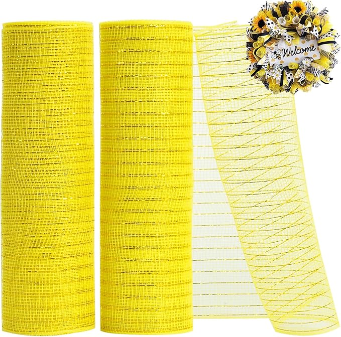 TONIFUL 2 Rolls 10 Inch Yellow Decorative Mesh Ribbbon Rolls, Fabric Mesh with Foil for Wreath Supplies, Front Door Wreath Crafts Tree Decor Christmas NewYears Halloween Decoration (10 yds/roll)