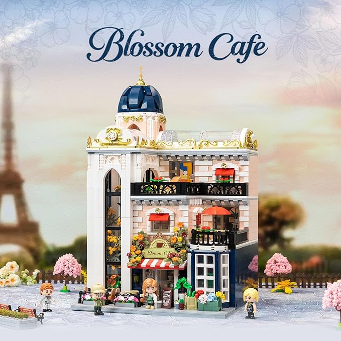 PANTASY Blossom Café Modular Building Set, 3-Story European Glasshouse Landmark with Café, Art Gallery & Floral Atrium, Collectible Architecture Model Kit for Adults, Creative Display Blocks
