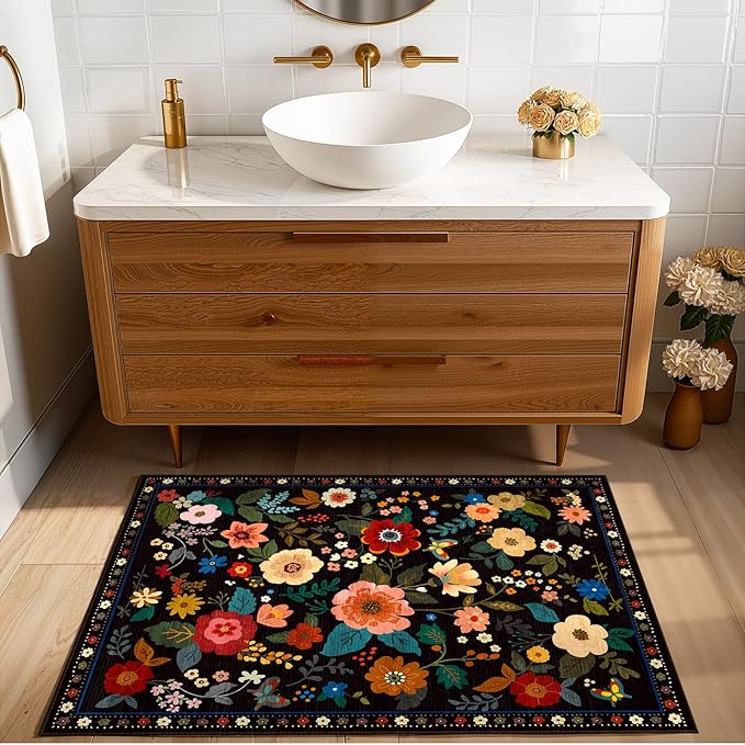 Floral 2x3 Area Rug Machine Washable Soft Print Boho Carpet Non Slip Doormat Low Pile Flower Area Rugs for Living Room Bedroom Nursery Kitchen Dining Room Indoor-Black