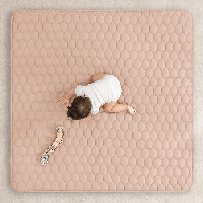 Comfy Cubs Square Kids Play Mat - 56 x 56 inches Soft Quilted Baby Floor Mat with Non-Slip Bottom - Plush Design for Toddlers' Playtime and Relaxation - Comfortable and Durable - Blush