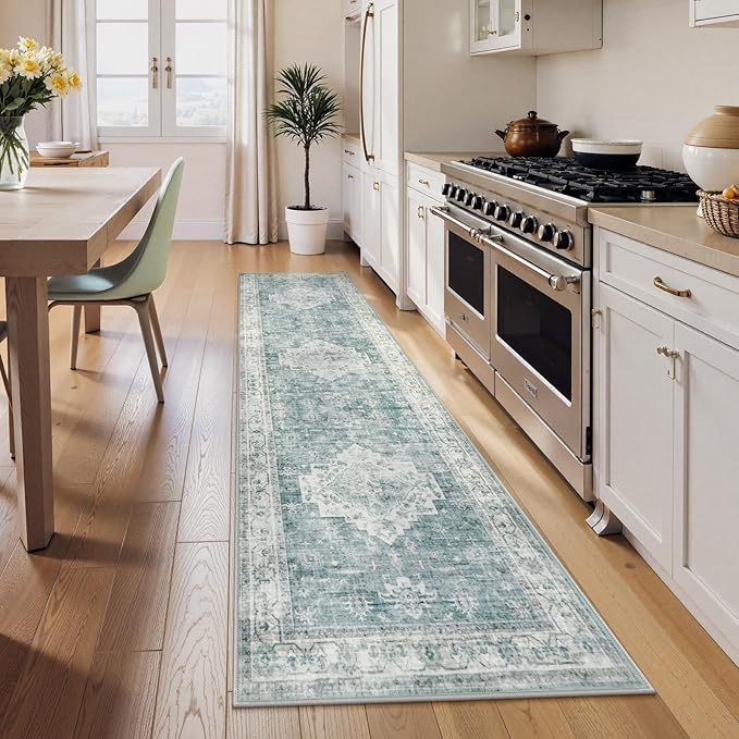 LIVEBOX Washable 2.5x8 Runner Rugs for Entryway Bathroom, Boho Kitchen Floor Mats Long Rug Runners for Hallways Non Slip, Farmhouse Low-Pile Carpet Runners for Laundry Room, Blue