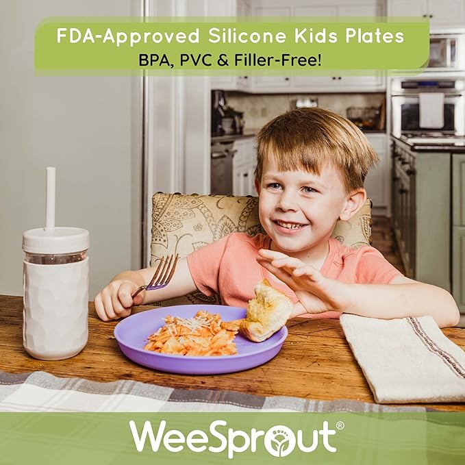 WeeSprout Baby & Toddler Non-Suction Plates with Lids, 100% Food Grade Silicone Plates, Premium Hard Plastic Lids, Unbreakable Design, Microwave & Dishwasher Safe, 3 Pack