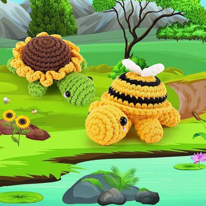 Crochet Kit for Beginners, Crochet Animal Kit with Step-by-Step Video Tutorials, 2PCS Bee and Sunflower Turtles Crocheting Kit for Adults Kids, Easy Yarn for Starter, Stuffed Animal Knitting Kit