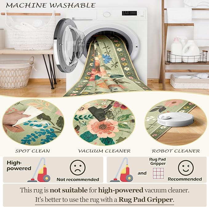 Floral 4ft Area Rug Machine Washable Soft Print Boho Carpet Non Slip Doormat Low Pile Flower Area Rugs for Living Room Bedroom Nursery Kitchen Dining Room Indoor-Light Green