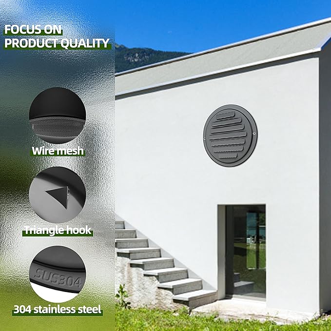 4inch 304 Stainless Steel Air Vents, Louvered Grille Cover Vent Hood Flat Ducting Ventilation Air Vent Wall Air Outlet with Fly Screen Mesh for House (4 inch Black Paint Cover （100mm）)