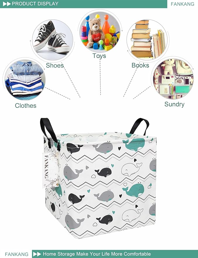 FANKANG Square Nursery Hamper Storage Bins Canvas Laundry Basket Foldable with Waterproof PE Coating Storage Baskets Gift Baskets for Children, Office, Bedroom, Clothes（Square-whales ）