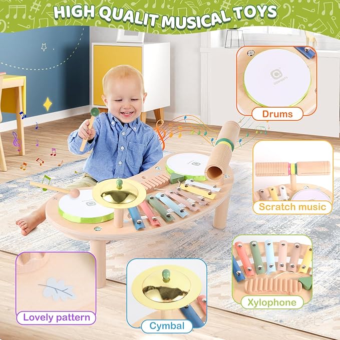 Asweets 7 in 1 Kids Drum Set for Toddlers Wooden Xylophone Musical Instruments Kit Play Set for Toddler Baby Drum Set Montessori Toys Sensory Toys Birthday Gifts for Girls Boys (Moon)