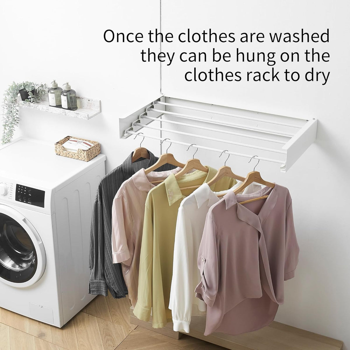 Clothes Drying Rack, Laundry Hanging Rack Collapsible, Wall Mounted Drying Rack for Laundry, Foldable Drying Rack Indoor Outdoor, 31.5" Wide, 5 Aluminum Rods, 60 lb Capacity (White 31.5")