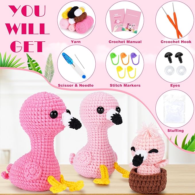 Crochet Kit for Beginners -Flamingo Family Crochet Kits with Step-by-Step Video Tutorials, Beginner Crochet Kit for Adults, Crochet Animal Kit for Kids, 3PCS Flamingo Crocheting Set(Pink)