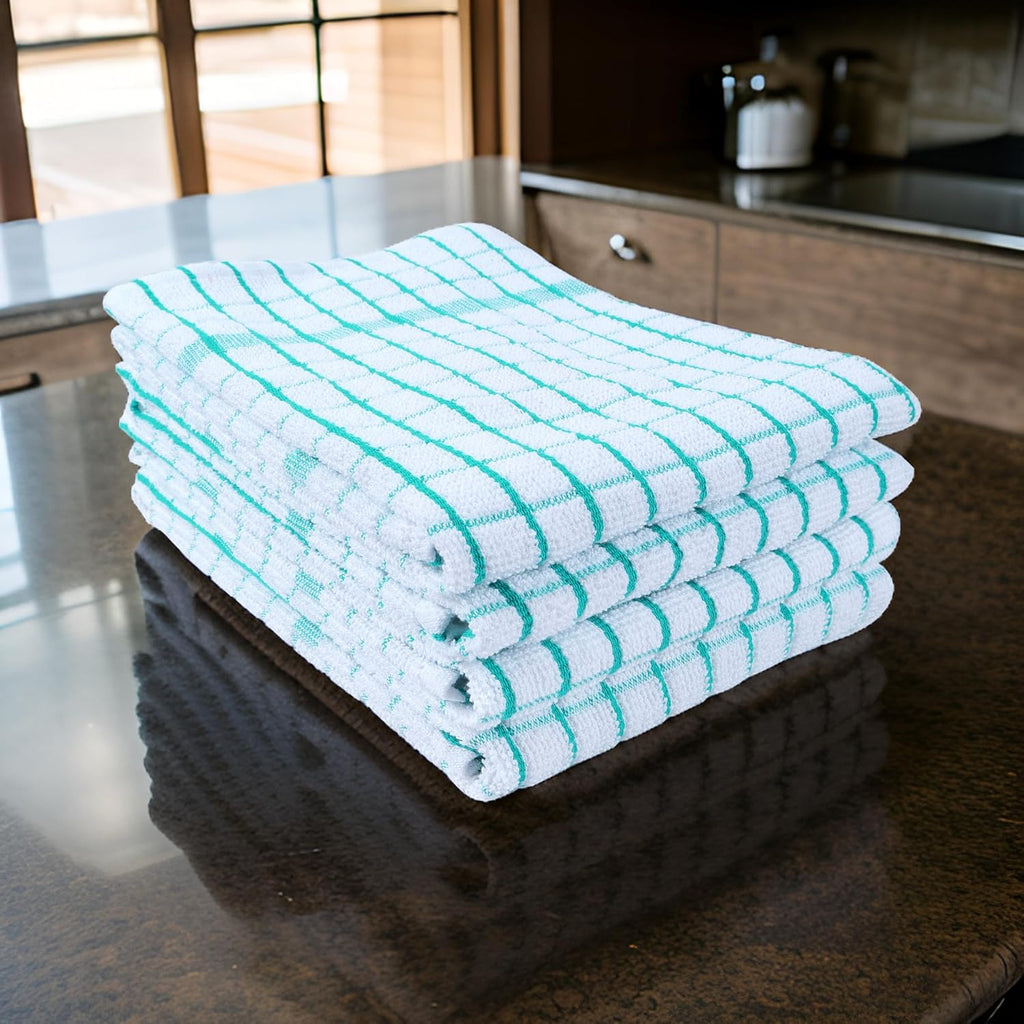 AMOUR INFINI Kitchen Towels Set of 4 - Highly Absorbent, Super Soft Terry Cotton 20x28 Inch Dish Towels with Hanging Loop - Hand & Tea Towels for Cleaning & Drying Dishes (Teal)