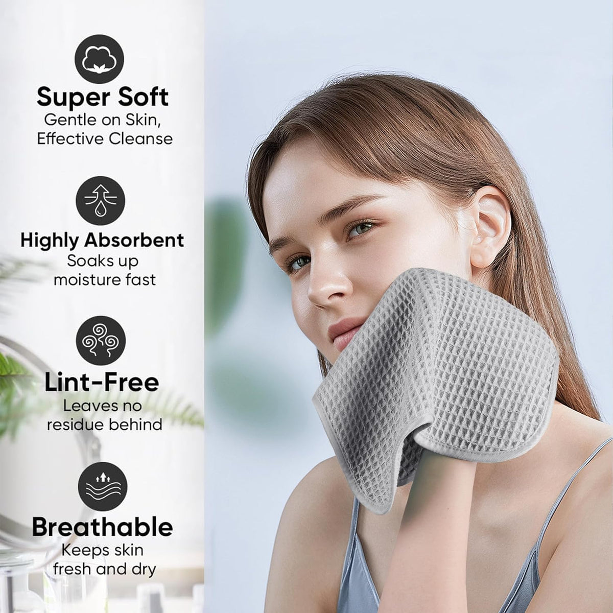 Microfiber Waffle Face Towels, 2 Pieces, Soft, Absorbent, Fast Drying, Lint Free (Silver)