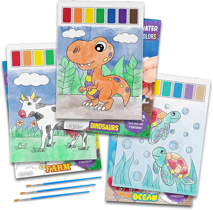 Imagination Works® Paint with Water Books for Kids, 3 Pack | Watercolor Coloring Book Set for Toddler Activities | Spillproof Kids Paint Palettes on Each Page | Travel Toys | Dinosaurs, Farm & Sea