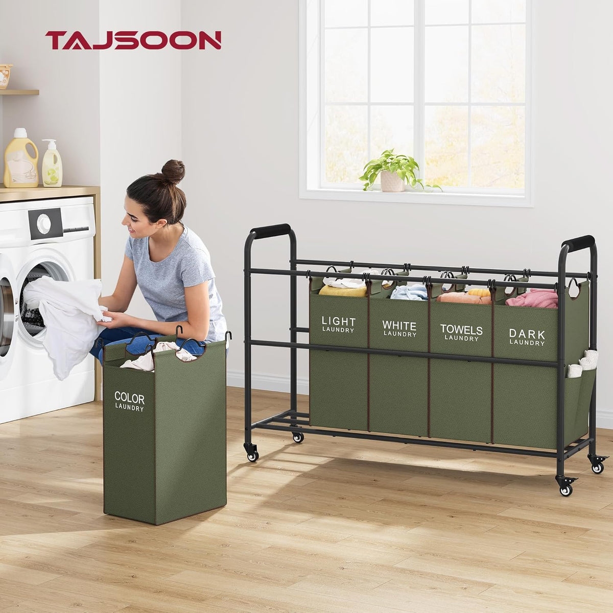 Tajsoon 5 Sections Laundry Sorter, Laundry Hamper with Heavy Duty Lockable Wheels and Removable Bags, 5 Bag Laundry Sorter Cart for Dirty Clothes Storage, Laundry Separator Hamper, Green