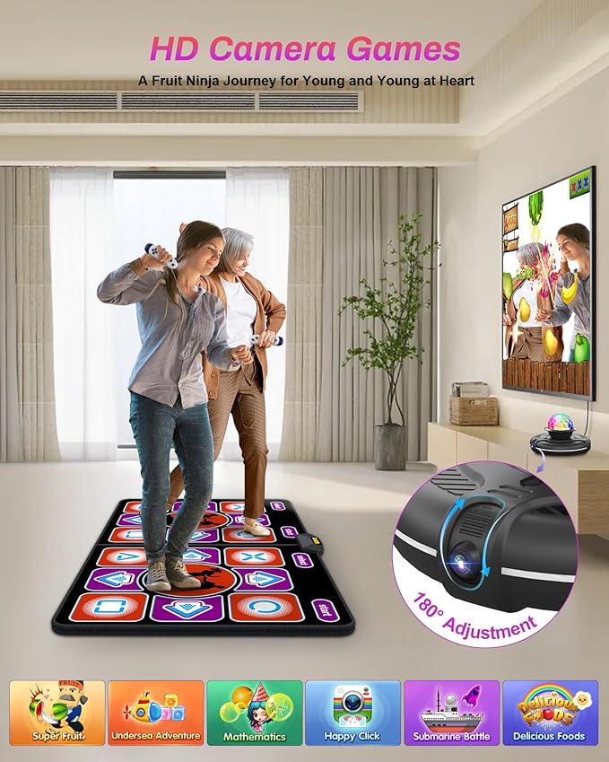 Double Dance Mat, Flannel Dance Mat for TV with HD Camera, Dual User Play Mat with Wireless Controller, Non-Slip Dance Pad for Kids Adults Girls Boys