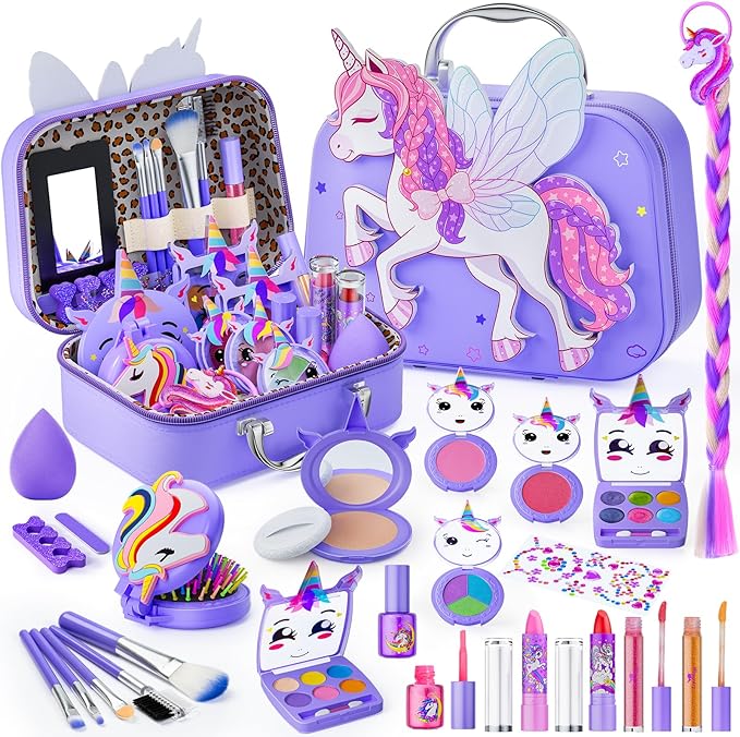 Kids Makeup Kit for Girl - Girls Makeup Kit Toys with Flying Horse Storage Case, Kids Play Makeup Set for Christmas Birthday Gift 3-12 Years Old