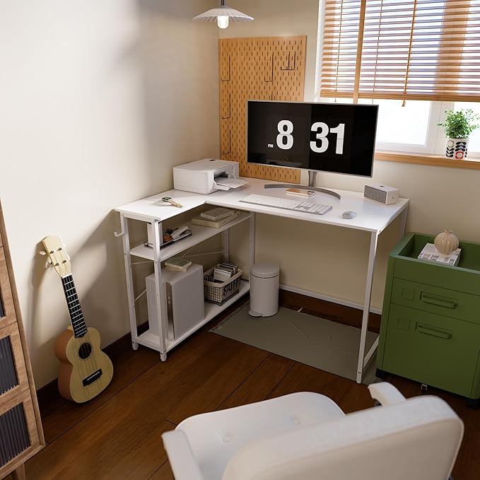 Pamray 43 Inch L Shaped Computer Desk with Reversible Side Storage Shelves, Small Corner Desk for Small Space Home Office,Writing Study Table PC Desk for Bedroom,White