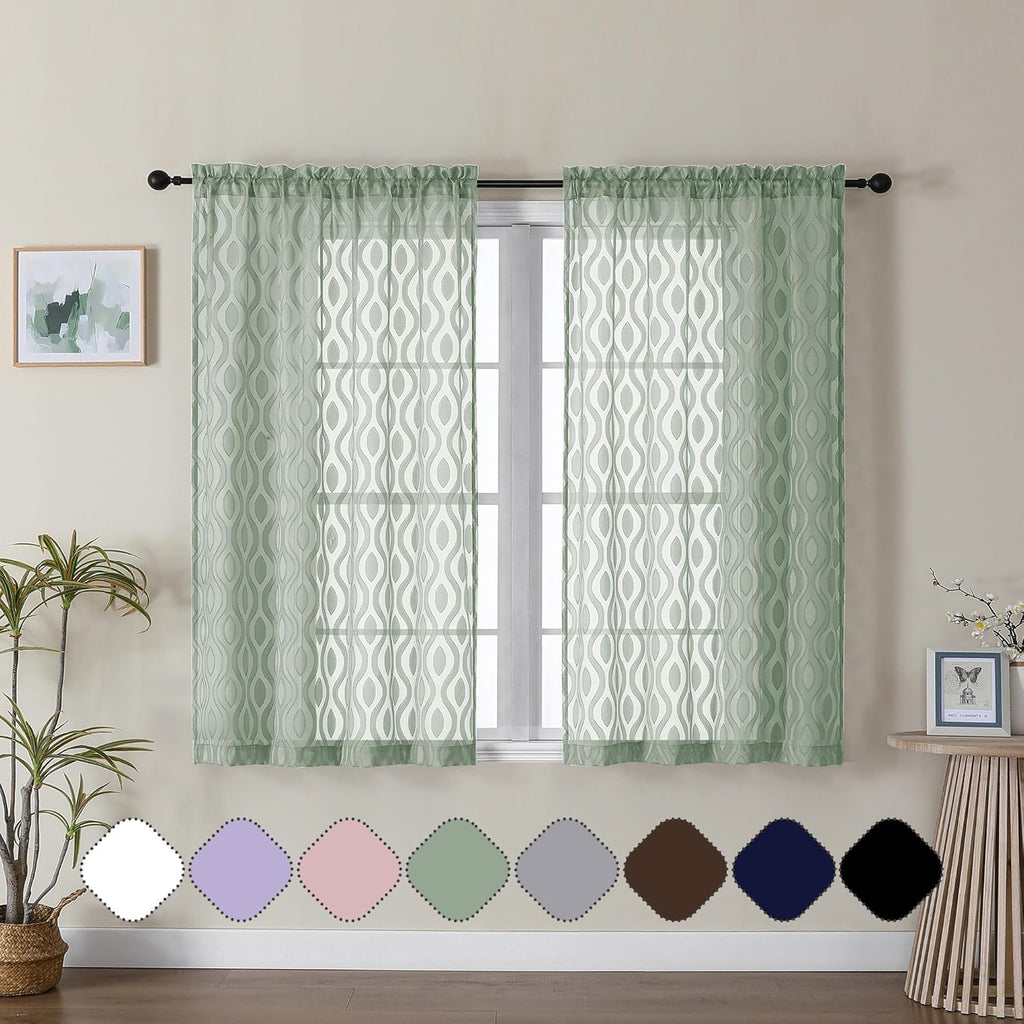Aiyufeng Sage Green Curtains 45 Inch Length 2 Panels Set, Farmhouse Clip Jacquard Textured Short Sheer Curtains, Lightweight Chic Wavy Line Window Curtain Panels for Bedroom, 40" Wx45 L Inches