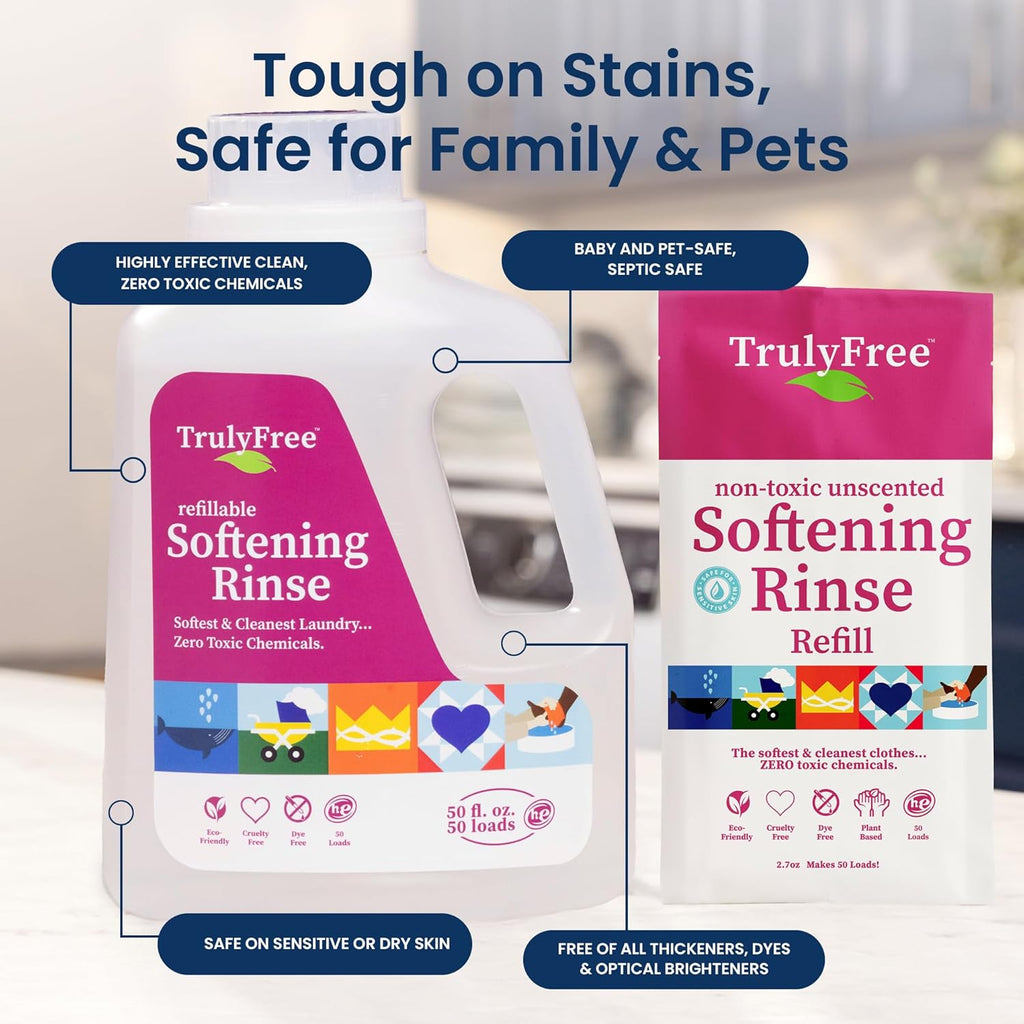 Truly Free Fabric Softening Conditioner for Clothes| Safe for Babies & Kids with Sensitive Skin | Plant-Based | Include 1 Refillable 50oz Bottle with Measuring Cap| Unscented Rinse(50 Loads)