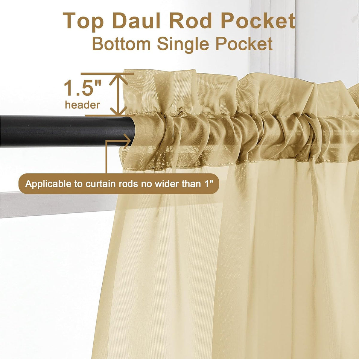 Chyhomenyc Gold Sheer Curtains 30 inch Length 2 Panels, Light Filtering Voile Rod Pocket Short Window Curtians for Bathroom Living Room Farmhouse Small Windows, 42Wx30L inches