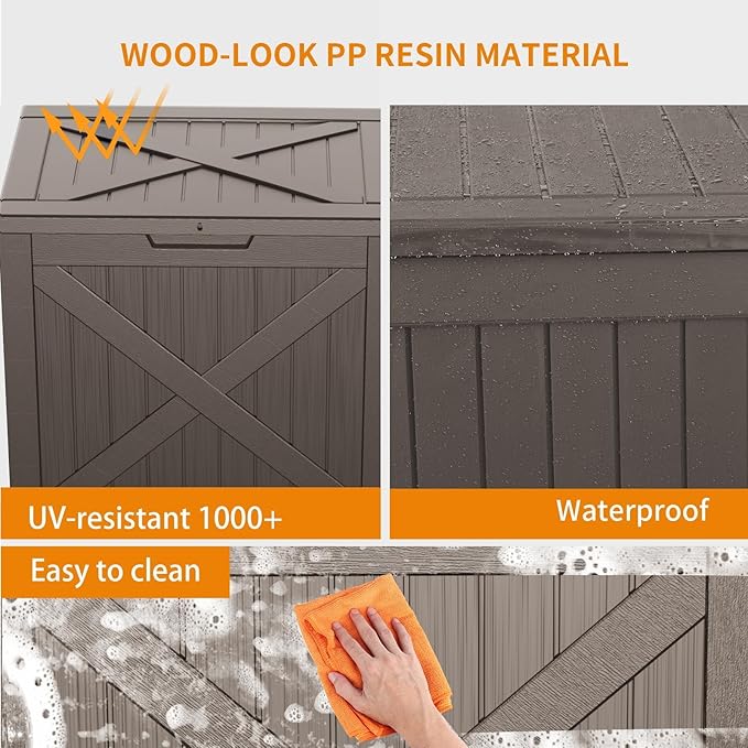 Vixzen 32 Gallon Outdoor Deck Box,Lockable Resin Waterproof Storage Box,UV Resistant,Weather Resistance,Outside Storage Bin for Gardening Tools,Pool Supplies,Grey
