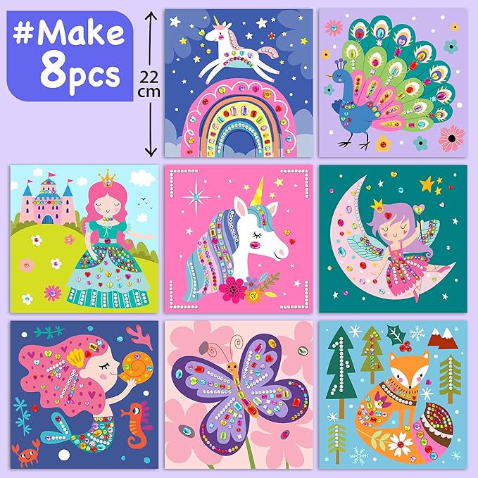 EZCRA Easy Arts and Crafts for Kids - Fun Gem Sticker Kit - 8 Unicorn Princess Themes, 990+ Stickers - Gem Art for Kids - Diamond Art Kits - Gifts for Girls Ages 3-8