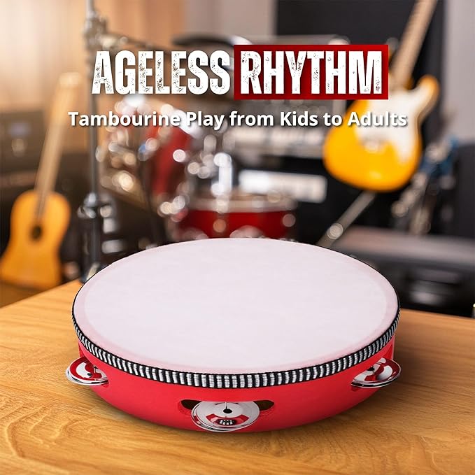 Flexzion Wooden Round Tambourine for Kids and Adults 8" Inch Single Row 8 Pair Jingles, Red Handheld Percussion Instrument for Beginner and Professional Tambourine Player