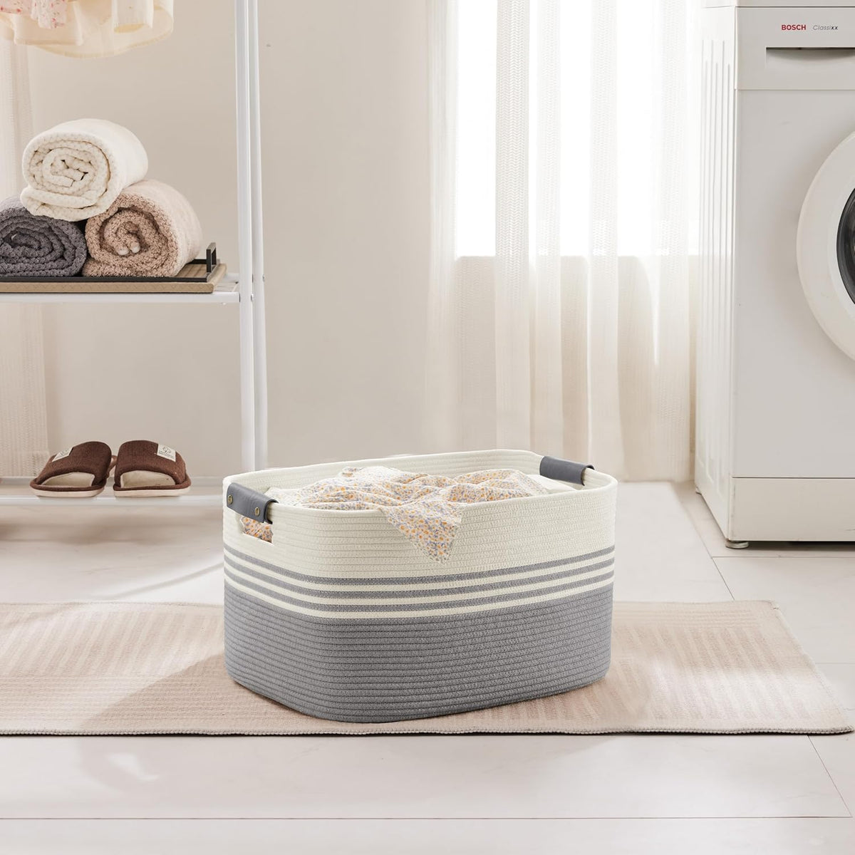 45L Small Laundry Basket with Leather Handles for Living Room Storage, Woven Rope Baskets Bin for Blanket, Kids Toy, Gifts, Wicker Hamper for Bedroom Dirty Clothes, 18"x14"x11" White Grey
