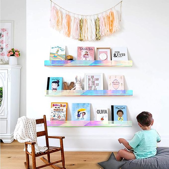 24 inches Iridescent Acrylic Bookshelf, Wall Mounted Display for Kids Room, Nursery, Toddler, Classroom (2 Packs)