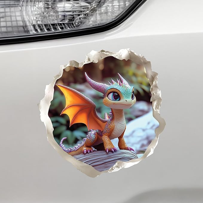 Baby Dragon 3D Wall Decal – Cute Fantasy Sticker with Torn Wall Effect – 4.7W x 4.5H inches