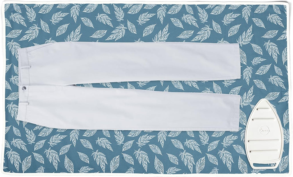 Encasa XO Ironing Mat/Pad (Large 48"x28") with 3mm Padding & Silicone Iron Rest for Steam Pressing on Tabletop or Bed - Heat Resistant, Portable, Quilting & Travel Blanket - Big Leaves Blue