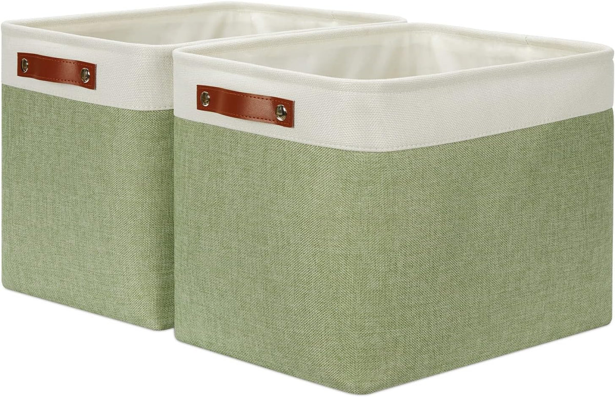 DULLEMELO 2-Pack Large Storage Baskets for Organizing 16"x12"x12" Canvas Fabric Storage Basket Bins With Leather Handles for Shelf Clothes Empty Gift Basket (White&Green)