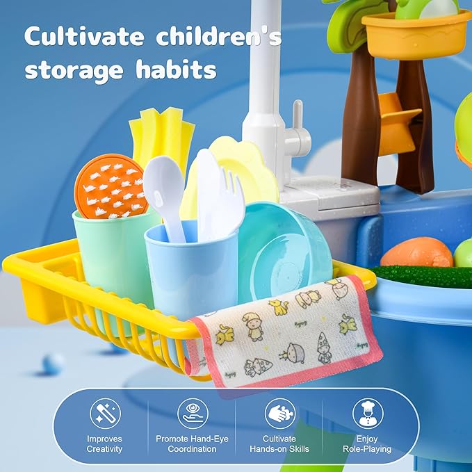 2026 Upgraded Toddler Sand Water Table Toy with Electric Water Pump, Kids Sand Water with Faucet/Play Food Accessories/Fishing Toy, Kitchen Play Sink Toys for Girl Boy Age 3+ (Blue)