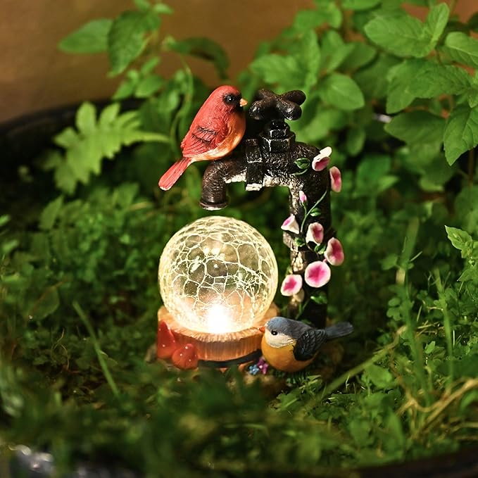 TERESA'S COLLECTIONS Garden Decor, Cardinal Garden Decor, Cute Cardinal and Faucet and Solar Light Glass Ball, Waterproof Resin Garden Statues, Cardinal Gifts, Birthday Gifts for Women Mom, 6"