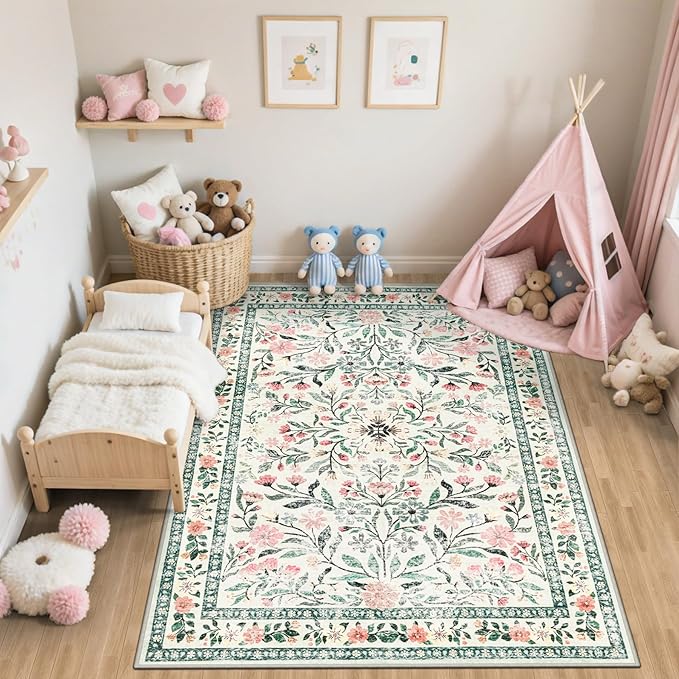 Area Rug Living Room Rugs: Floral 5x7 Washable Rug Vintage Soft Boho Non-Slip Carpet Indoor Stain Resistant Large Carpets for Bedroom Dining Room Farmhouse Nursery Hallway Home Office Green Beige