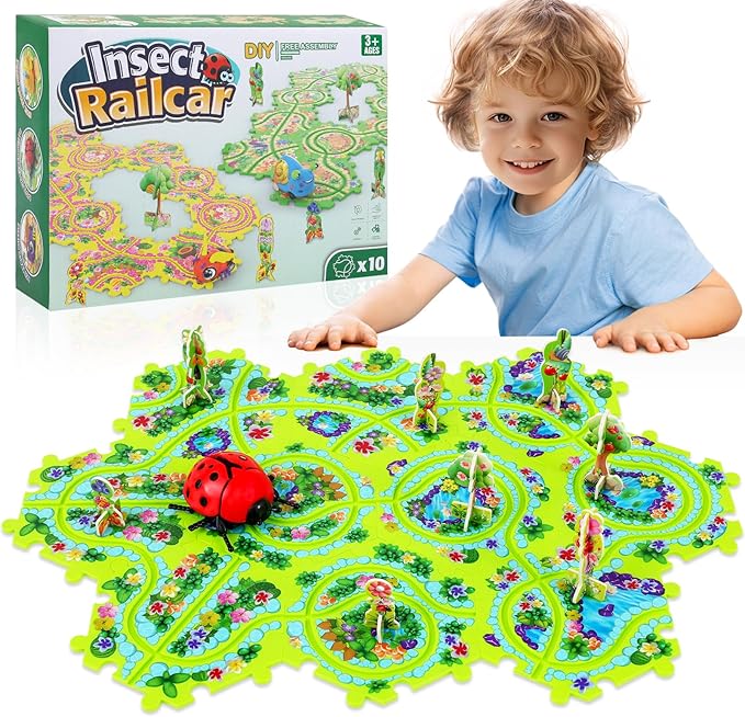 10Pcs Puzzle Racer Kids Car Track Set, Cars Toys for Toddlers, Puzzle Track Car Play Set, Race Tracks for Kids Ages 4-8, Educational Toys for 3 4 5 Year Old Boys (Ladybug)