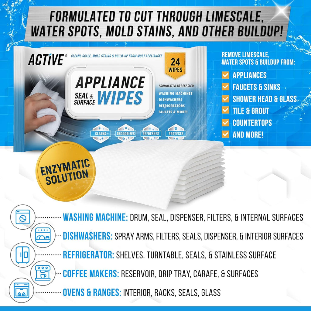 ACTIVE Home Appliance Surface Cleaner Wipes Heavy Duty Wipe for Cleaning Washing Machine, Dryer Stainless Steel Refrigerator, Glass Cooktop, Microwave, Dishwasher, Counter, Tile - 24 Large Wipes
