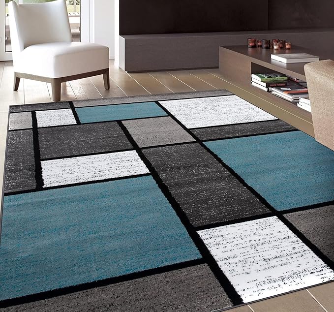 Rugshop Contemporary Modern Boxes for Home Office,Living Room,Bedroom,Kitchen Non Shedding Area Rug 10' X 14' Blue/Gray
