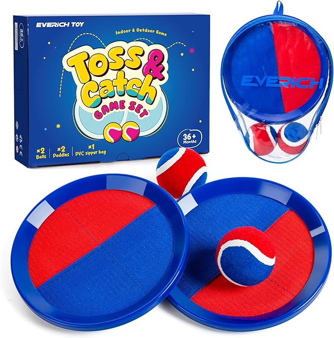 EVERICH Upgraded Toss and Catch Ball Game Set - Indoor and Outdoor Games for Kids 3-12, Beach Sand Pool Water Toy Includes 2 Paddles 2 Sticky Balls, Great Birthday Easter Gifts for Boys Girls