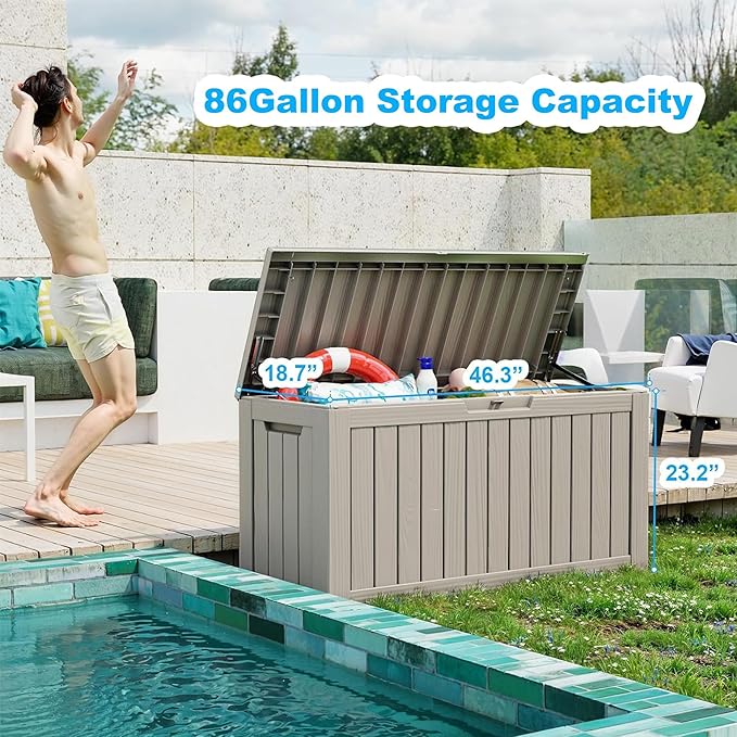 Vixzen 86 Gallon Resin Deck Box, Lockable Outdoor Storage Box for Patio Cushions Storage Furniture,Garden Tools, Pool Supplies, Weatherproof and UV Resistant- Grey