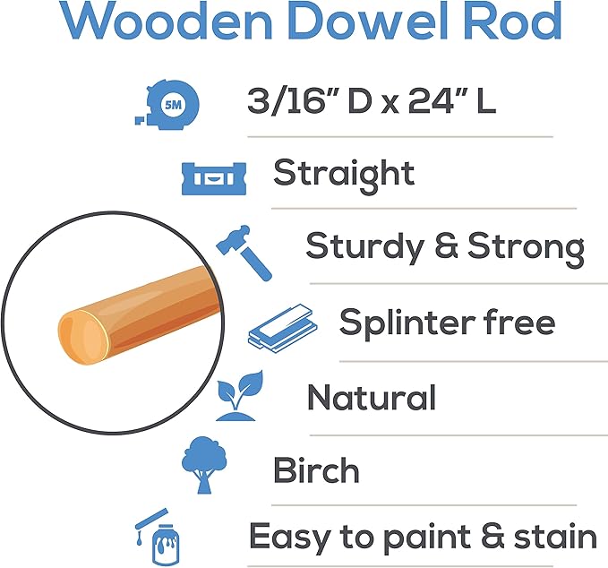 Dowel Rods Wood Sticks Wooden Dowel Rods 3/16 x 24 Inch Unfinished Hardwood Sticks for Crafts and DIY'ers 25 Pieces by Woodpeckers